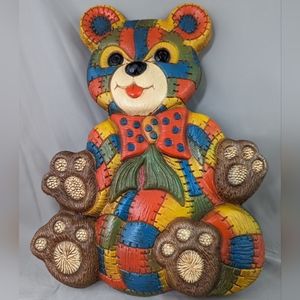 Vintage 70s Foam Craft Art Patchwork Teddy Bear Wall Art 12.5" x 9.25" Nursery